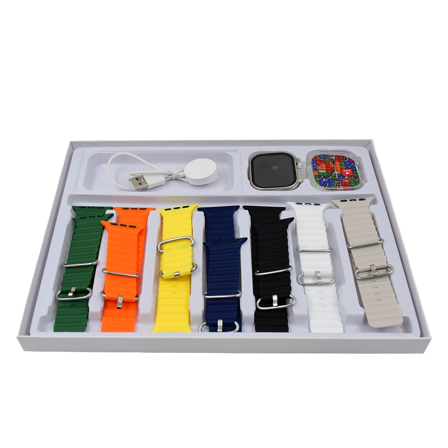 7 in 1 Ultra Smart watch Combo with Seven Classic Straps & Transparent Screen Guard (1 Set / Mix Color) 7 in 1 Ultra Smart watch Combo with Seven Classic Straps & Transparent Screen Guard (1 Set / Mix Color)